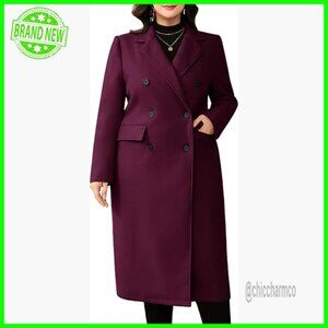 Plus Size Wool Pea Coat Double Breasted Notch Lapel Long Trench